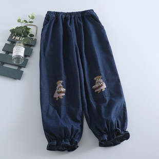 新款花边束脚灯笼牛仔裤女士森系小清新小熊刺绣贴布减龄花苞裤潮