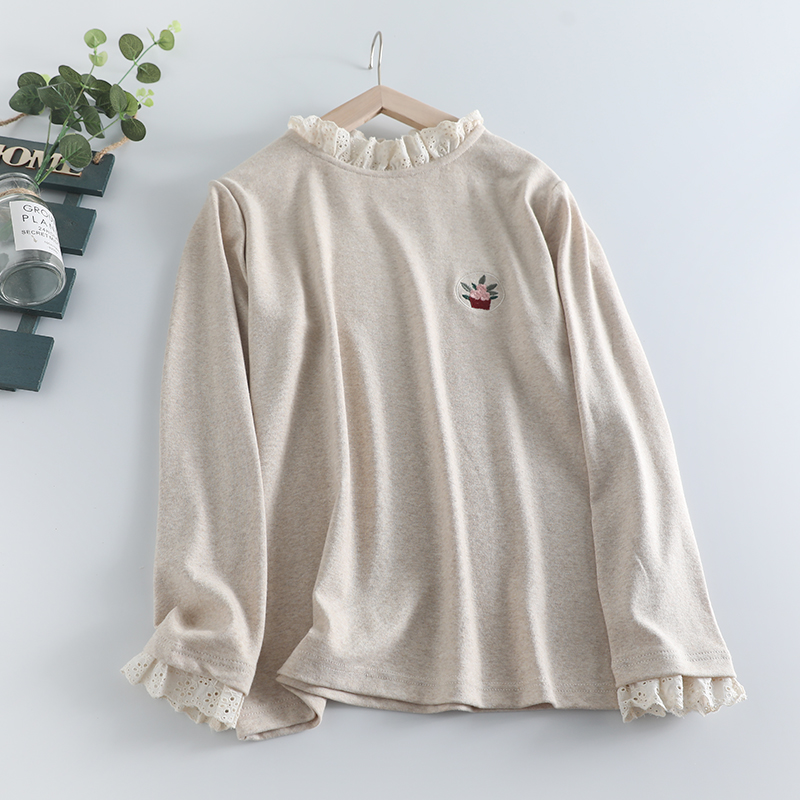 长袖森系绣花花边棉女
