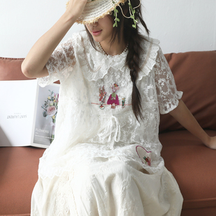 森女系新款蕾丝花边大领短袖衬衫女夏装甜美小清新减龄宽松娃娃衫