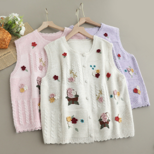 森系新款 小清新立体花朵针织马甲女甜美糖果色毛衣坎肩背心上衣潮