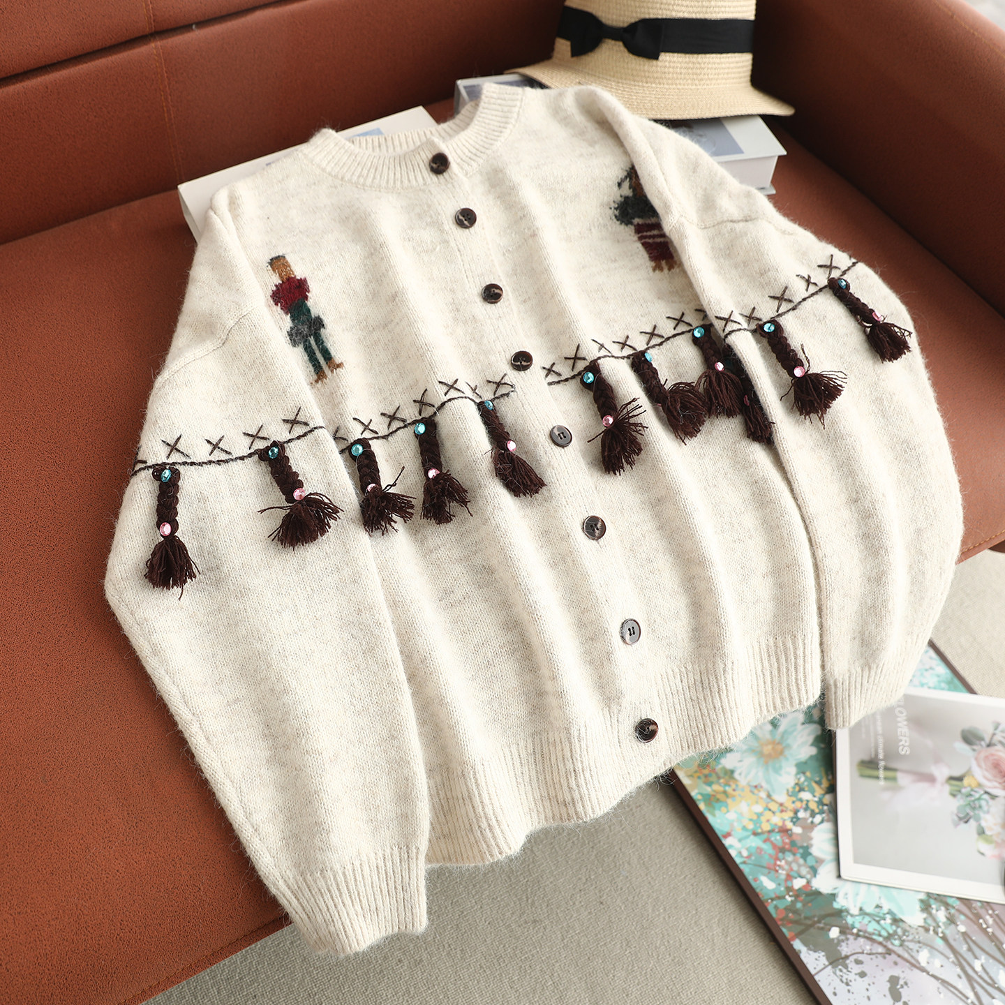 新款毛衣外套女春秋森女系新款慵懒风圆领卡通刺绣针织开衫上衣潮,女装/女士精品,毛针织衫,淘宝优惠券,粉丝福利购,淘宝优惠卷