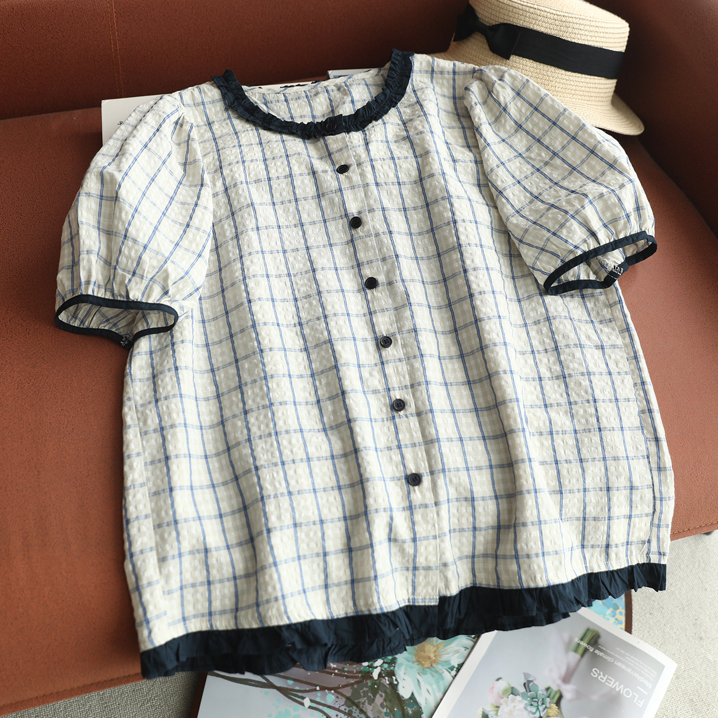 夏季花边领格子宽松短袖衬衫女