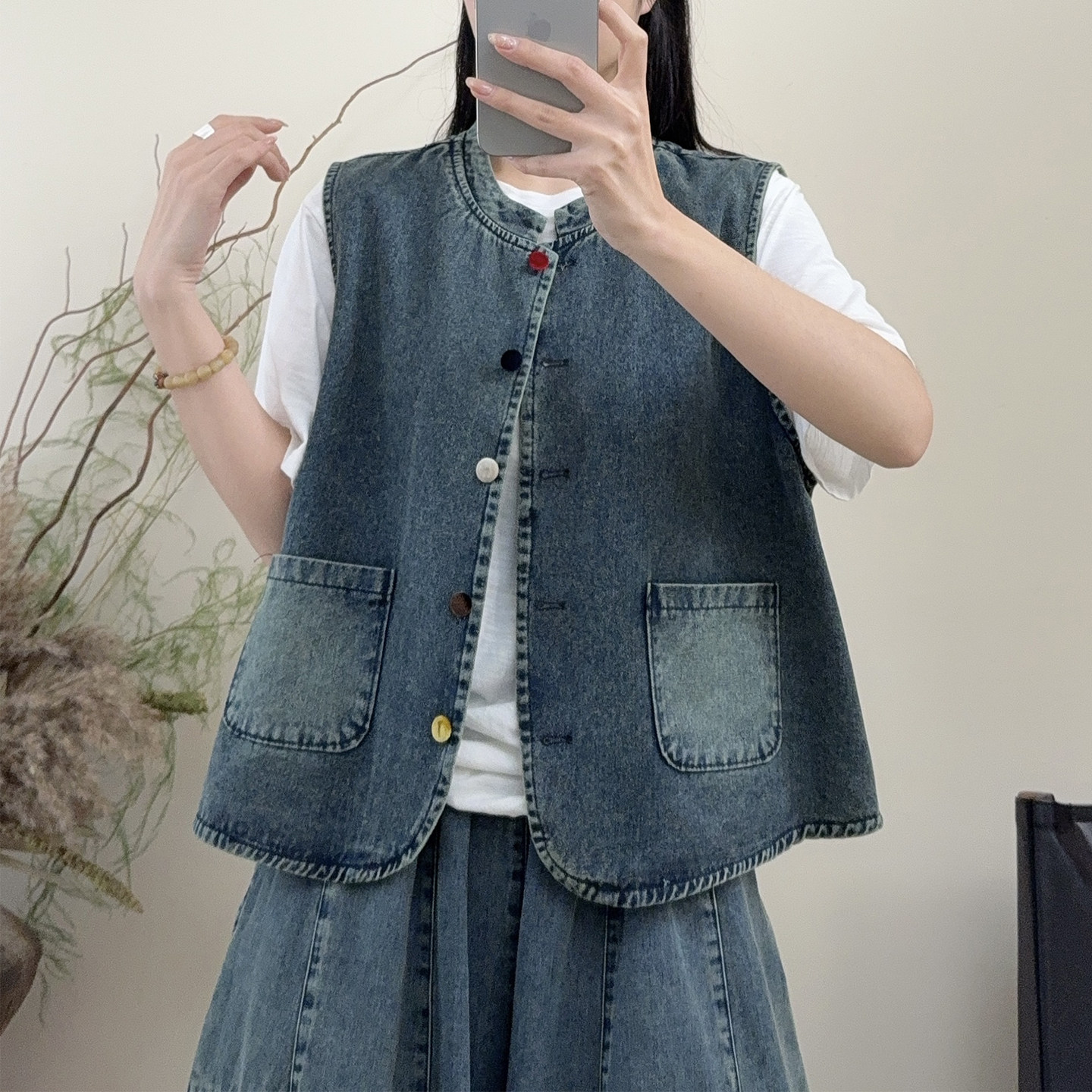 文艺复古小立领牛仔马甲女