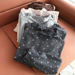 新款 女宽松百搭棉质叠穿T恤套头上衣 森女系花边半高领碎花打底衫