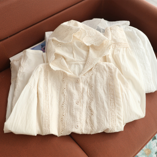 女甜美减龄米色棉质单排扣开衫 衬衫 上衣 森系全幅刺绣连帽长袖 新款