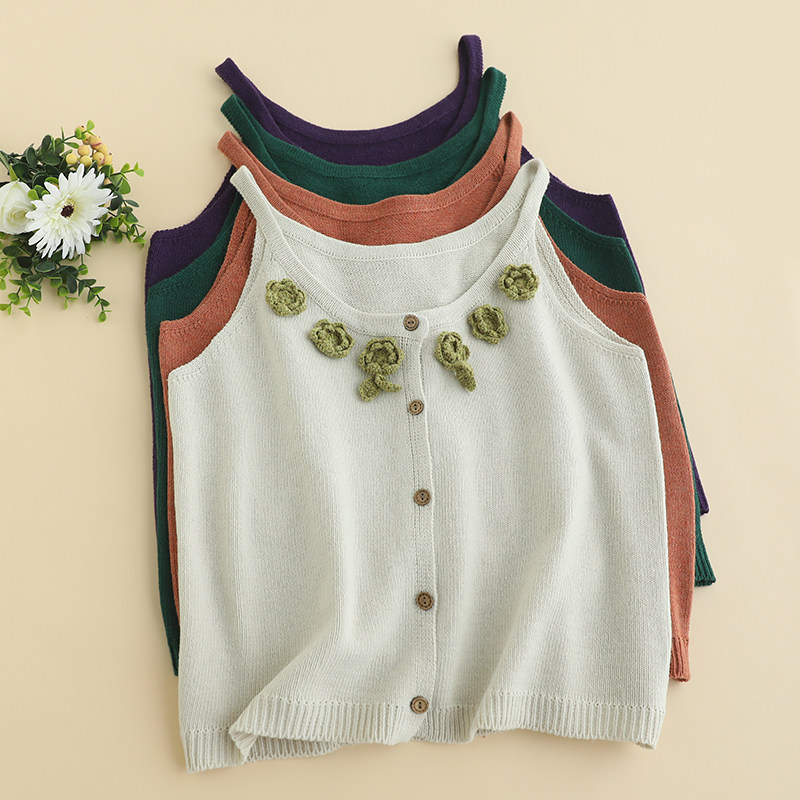 森系清新新款立体花朵针织吊带马甲女宽松单排扣日系减龄无袖坎肩