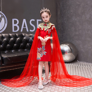儿童礼服小女孩红色国潮中国风古筝演出服女童模特走秀晚礼服裙子