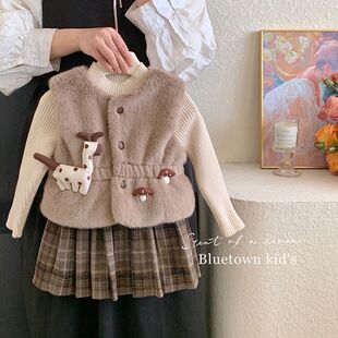 童装女童冬季毛毛马甲套装加绒裙子宝宝针织毛线衣三件套半身裙潮