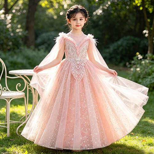 儿童晚礼服女童连衣裙花童公主裙蓬蓬纱裙钢琴主持走秀演出服跨境