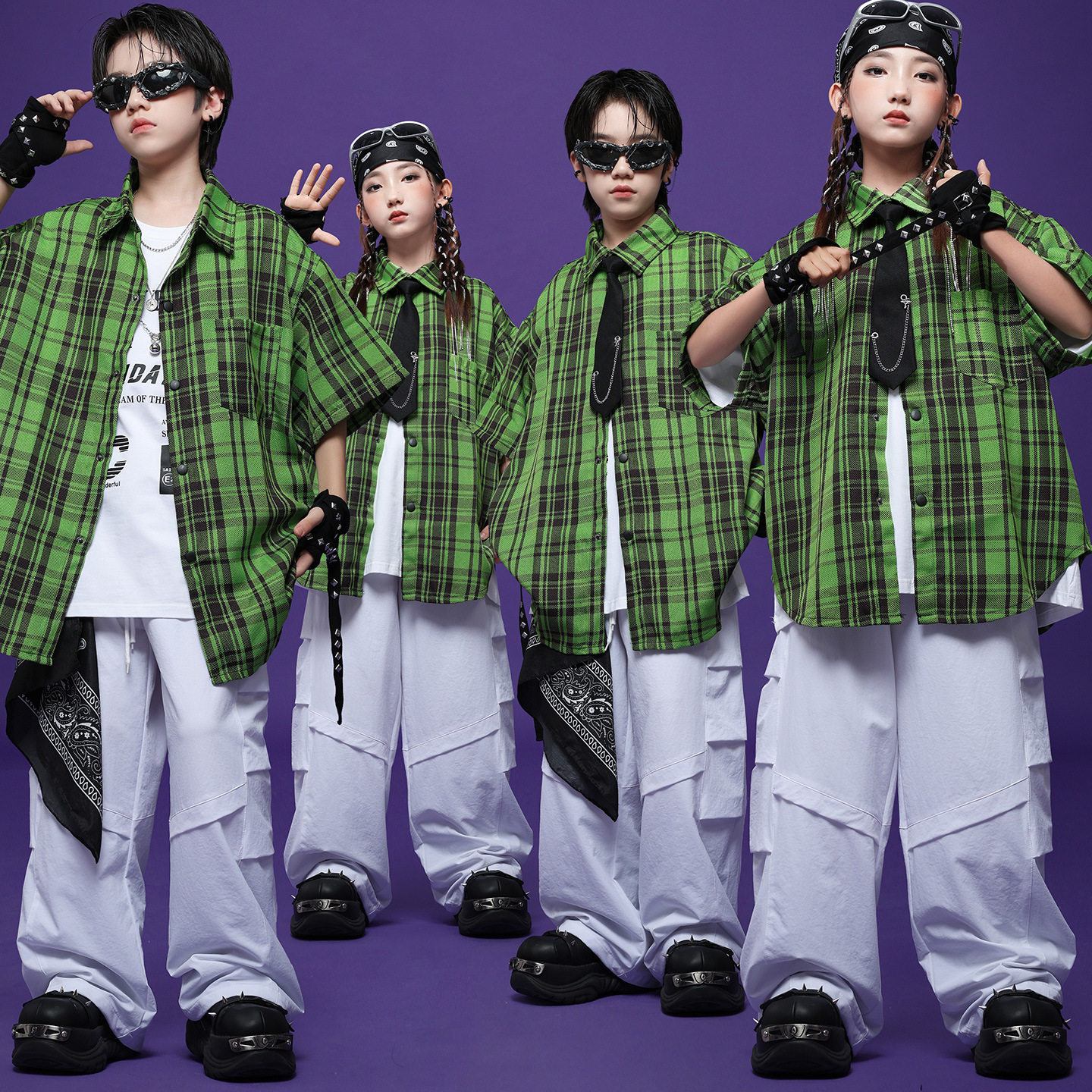 儿童街舞潮服男童酷帅绿色格子衬衫少儿走秀套装女童爵士舞