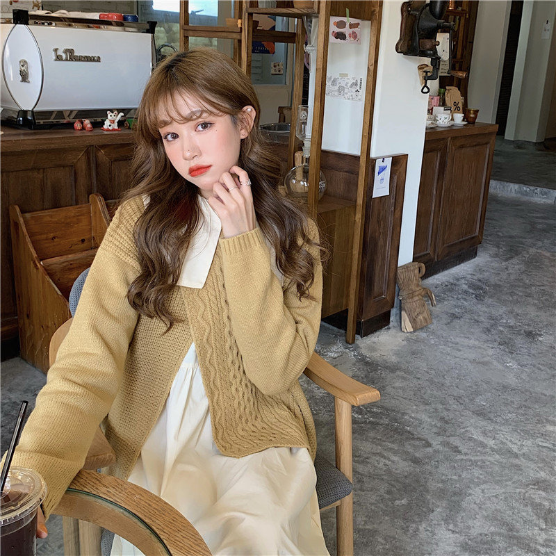 Korean Navy collar dress + two piece irregular knitted sweater