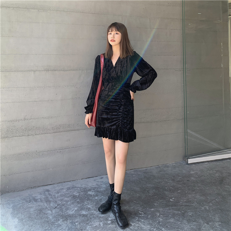 Korean black velvet super a-wrap wrinkling design dress