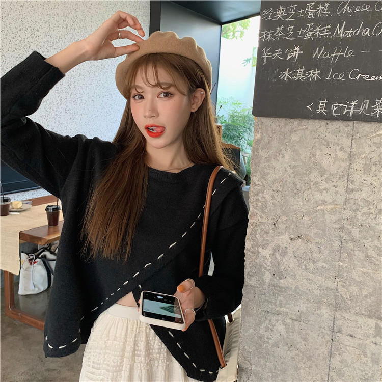 Two pieces of Korean irregular knitted sweater and lace skirt