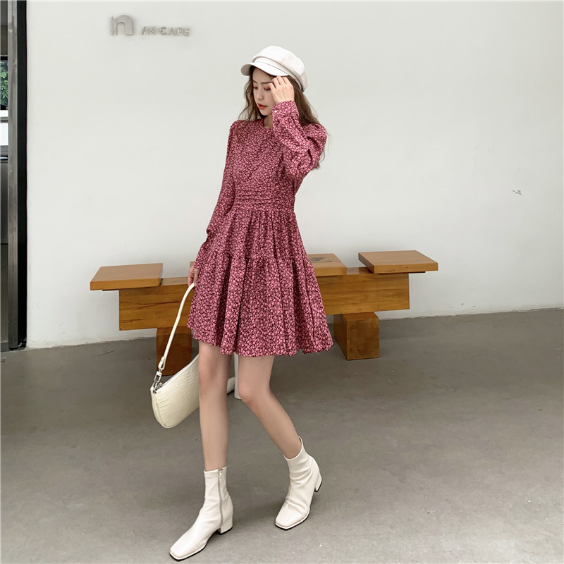 Real Price vintage round neck bubble sleeve floral skirt pleated waist show slim dress
