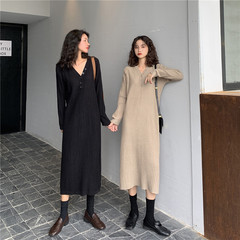 Real price Korean version loose and slim long sleeve V-neck bottom knitted dress for women