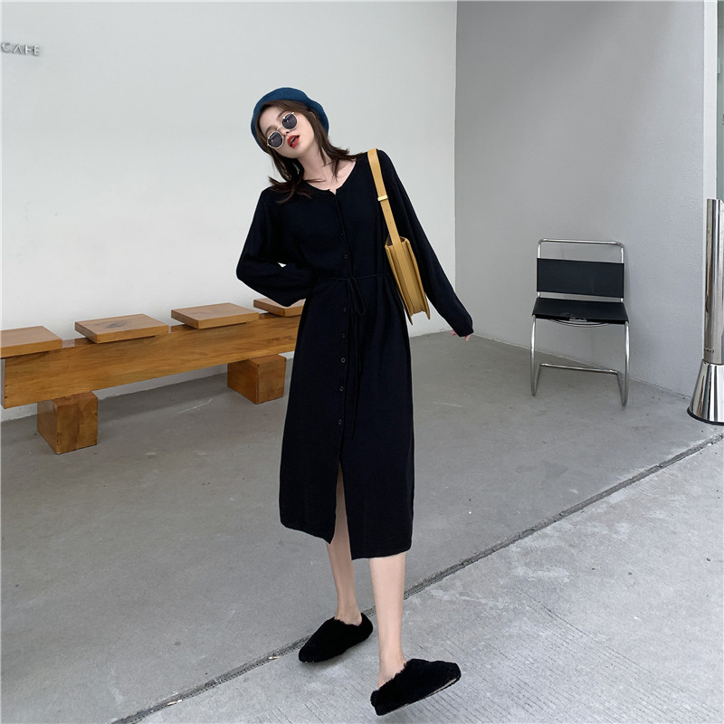 Shooting real price Korean version of soft flower yarn knitted dress bandage OP medium length dress