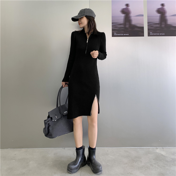 Real shot real price knitted dress slim and slim bottomed skirt zipper split buttock skirt
