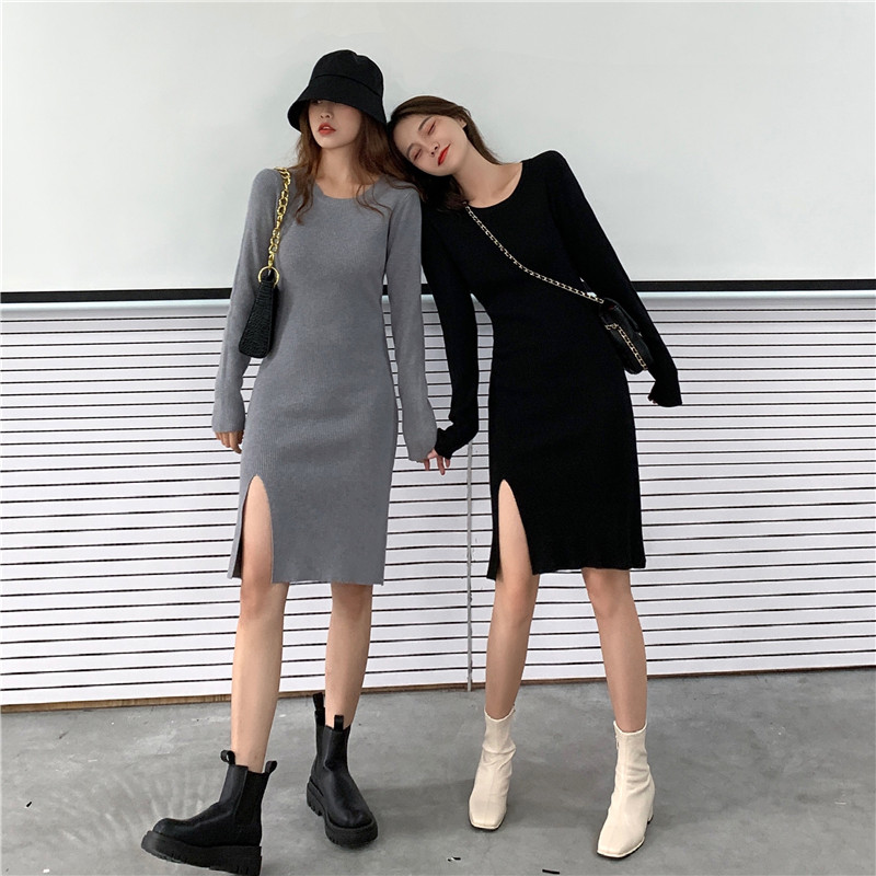 Real price slim fitting long sleeve knitted dress early autumn new style with split A-line skirt