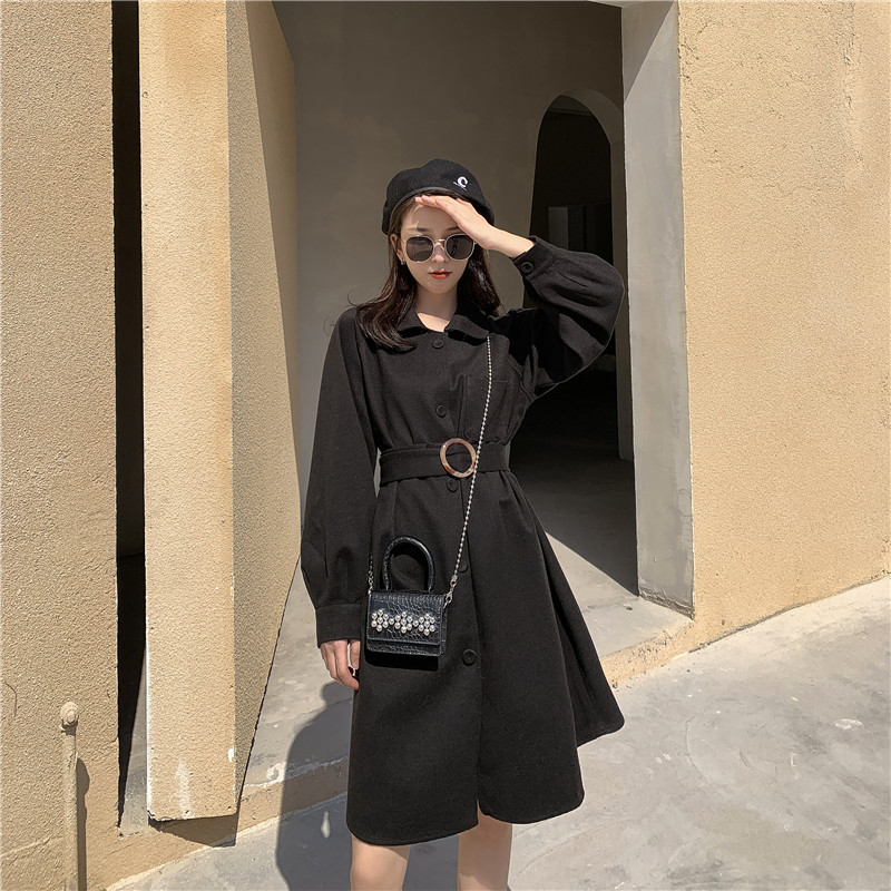 Real shot real price polo collar shirt sleeve belt thin fabric coat medium length loose dress