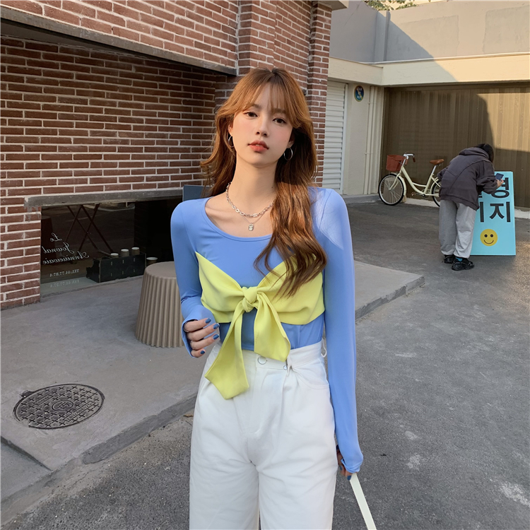 Real price Korean spring new long sleeve pullover with bow tie T-shirt