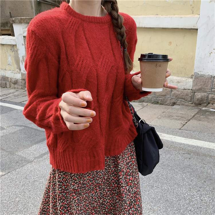 Korean chic knitwear Pullover crew neck twist sweater + floral skirt