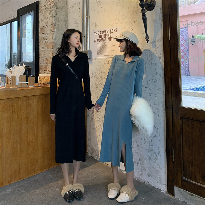 Real price autumn and winter slim fit V-neck chic thin with bottom Polo knitted dress