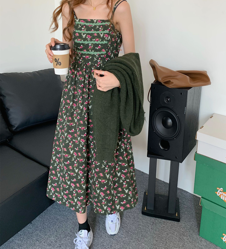 Two piece set of Korean knitted cardigan sweater + floral suspender dress