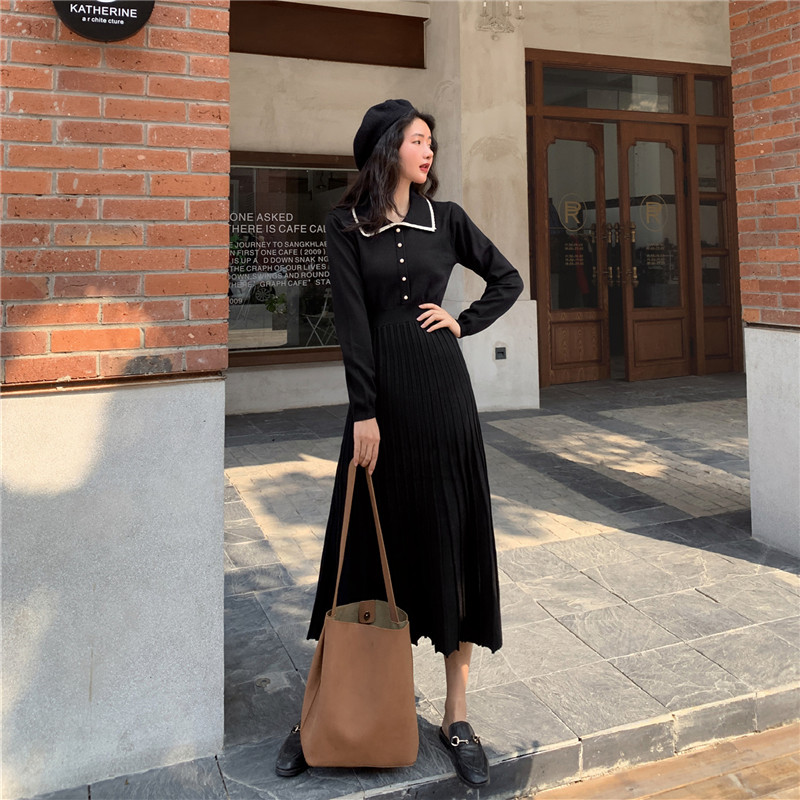 Real price autumn and winter knee loose Korean version of lazy polo collar knitted dress woman