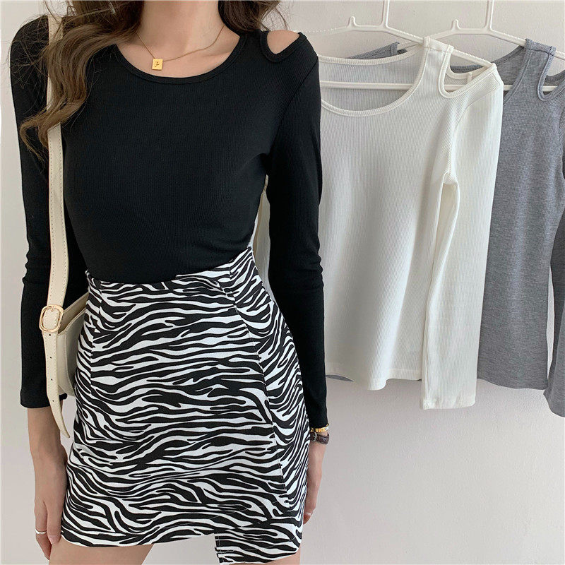 Real shot and real price spring Korean slim and slim machine off shoulder long sleeve women's versatile top fashion