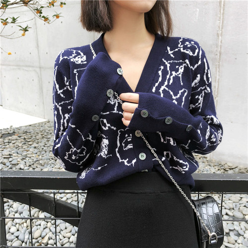 Composition Real Price Cartoon Animal Net Red and Blue Sweaters Women's Loose Korean Chic Pullovers Knitted Sweaters