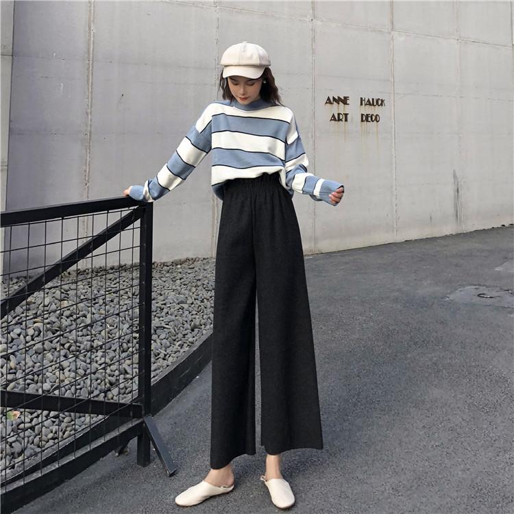 Real price autumn and winter elastic high waisted woolen wide leg pants