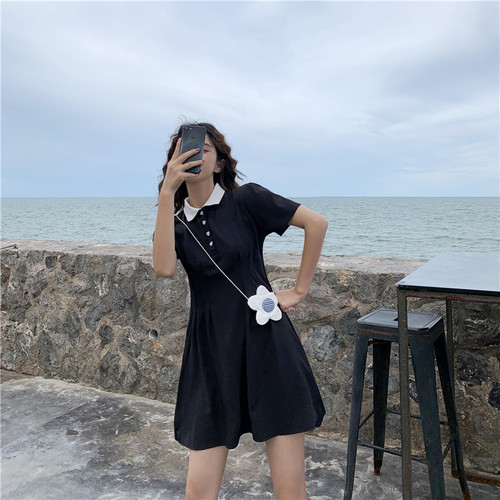 Real-price Korean Polo skirt black waist-tied dress girl Xiao Qingxin Su