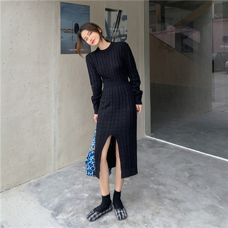 Real shot real price double face knitted twist dress slim and slim with wool skirt underneath