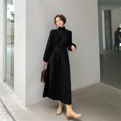Two fake pieces of high waist corduroy color contrast splicing high collar Long Sleeve Dress