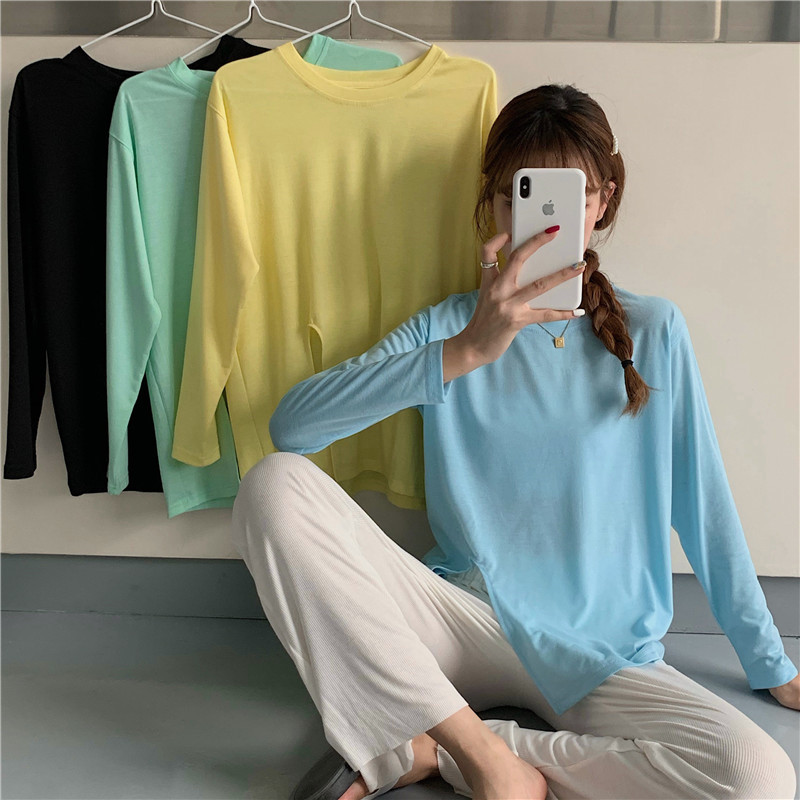 Early spring long sleeve hem tie T-shirt Korean loose short sleeve side split top