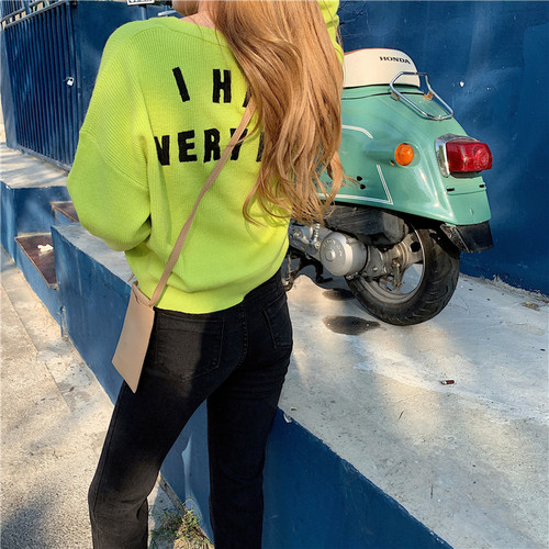 Real price autumn Korean Pullover V-neck fluorescent green with embroidered letter Knitted Top