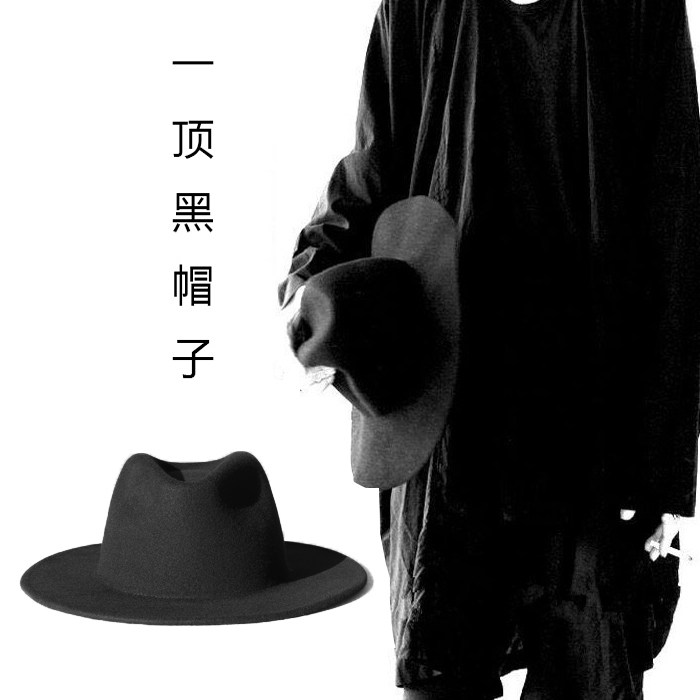 新款小众情侣时尚平檐硬质礼帽男暗黑羊毛美式复古个性大檐爵士帽