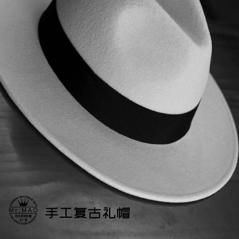 新款秋冬平檐时尚礼帽澳洲羊毛休闲宽檐爵士帽子日系复古手工男帽