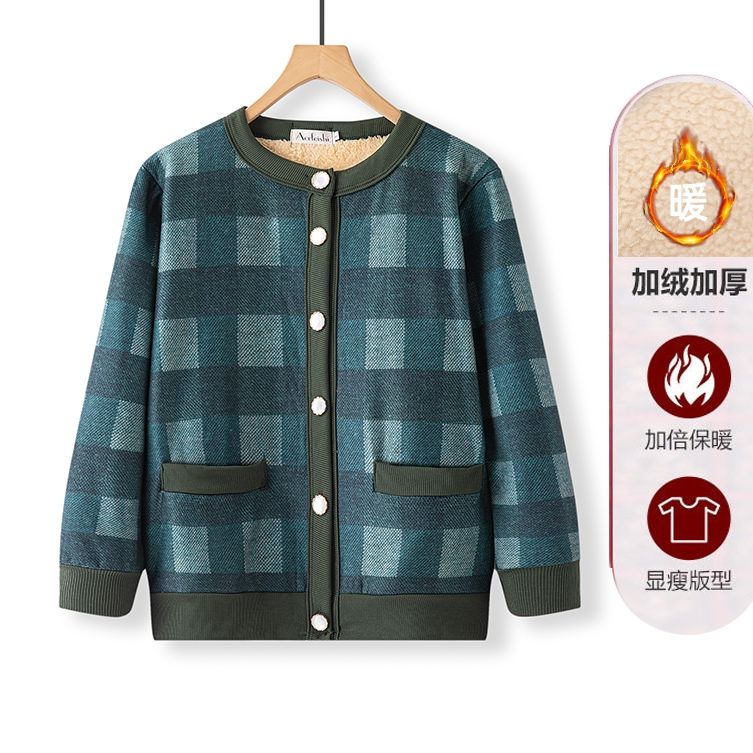 奶奶秋冬印花格子加绒开衫显瘦保暖款加绒妈妈休闲短外套女上衣服