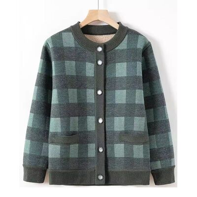 奶奶秋冬印花气质开衫显瘦保暖款纽扣加绒妈妈休闲短外套女上衣服