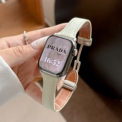 适用苹果手表表带头层双面小牛皮荔枝纹applewatchs10/8ultra/se代iwatch7/6/5/4/3/2高级女款真皮高级感夏天