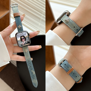 手表帶 適用蘋果S10iwatch9手表表帶applewatch復(fù)古扎染牛仔s9女士新款 4代SE夏天帆布時尚 牛仔款