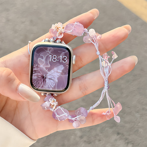 夏日风〔莫奈花园〕新款幸运水晶原石表带适用apple watchS9/S8表带iwatch7苹果手表se/6/5/4/3代少女女生