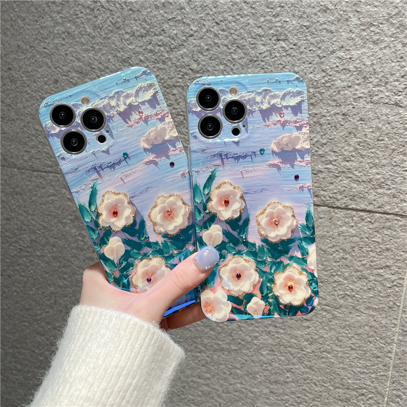 蓝光闪钻油画花朵苹果13promax/14/15/16手机壳适用iPhone11/12樱花防摔X/7