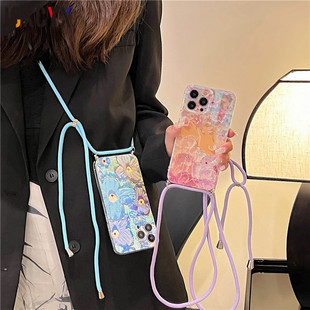 S21FE防摔A22 A13 A52保护套 蓝光水钻樱花三星s23ultra挂绳手机壳适用A53 A23 5G粉色桃花斜挂绳S22