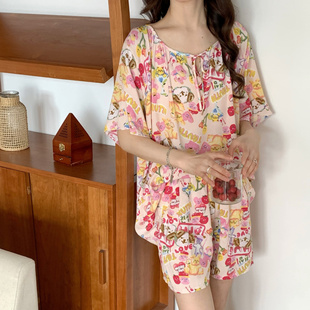 卡通睡衣夏季 女生可爱甜美短袖 短裤 宽松套头人棉绸家居服两件套装