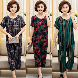 夏季中老年人造棉套装短袖加大码纯棉女睡衣加肥绵绸妈妈装家居服