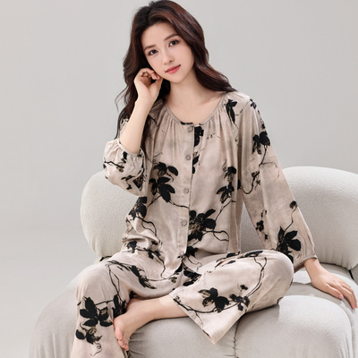 新中式睡衣春秋夏季棉绸开衫女士复古清冷感家居服圆领休闲可外穿