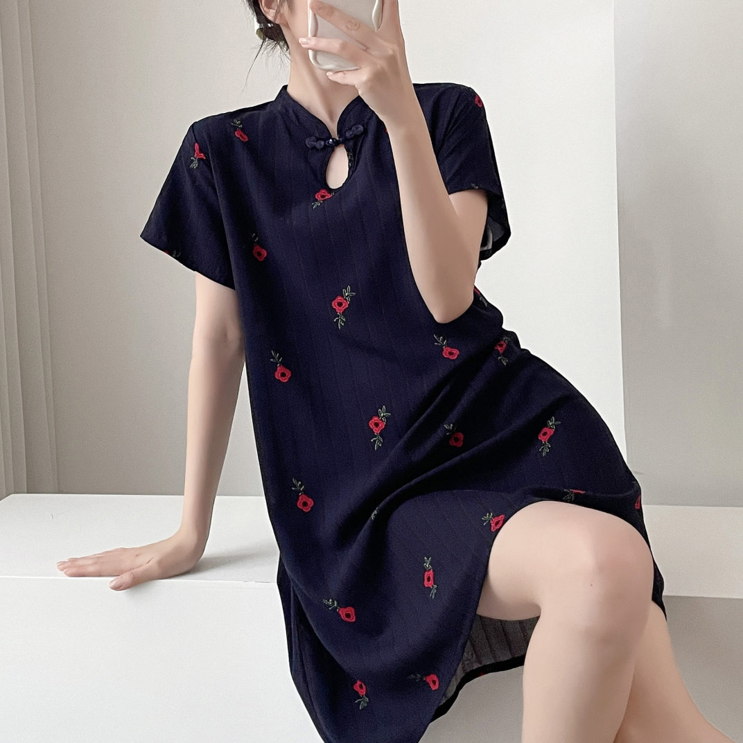 夏季短款睡裙女短袖薄款性感旗袍中国风棉绸连衣裙家居服可外穿裙
