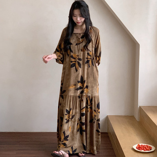 2025新款 家居服薄 睡裙女春夏季 棉绸口袋长裙方领方领脚踝宽松大码